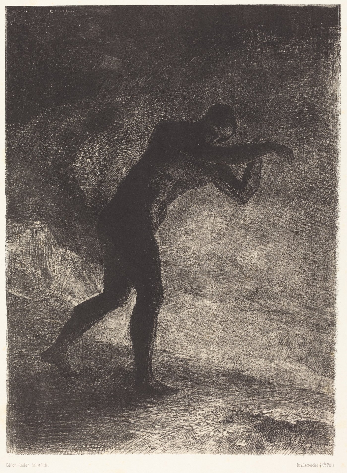 Et l'homme parut, interrogeant le sol d'ou il sort et qui l'attire, il se fraya la voie vers (And Man appeared; questioning theearth from which he emerged and which attracts hi m, he made his way toward somber brightness)